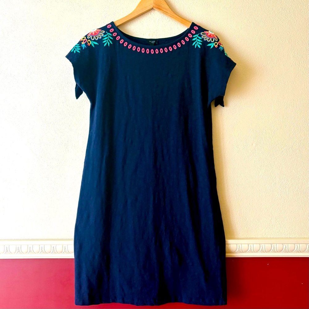 Talbots Navy Blue Floral Embroidered 100% Cotton Shift‎ Dress